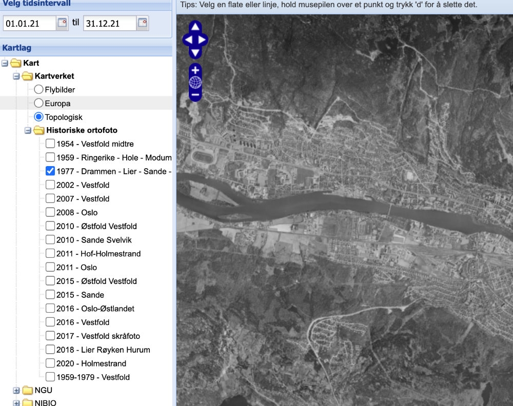 Historiske flybilder i Jordplan, skjermbilde