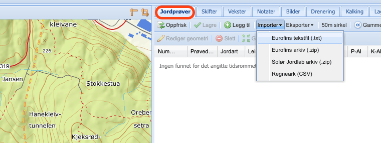 importer jordprøver, skjermbilde