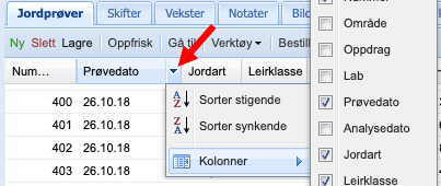jordprøve velg kolonner