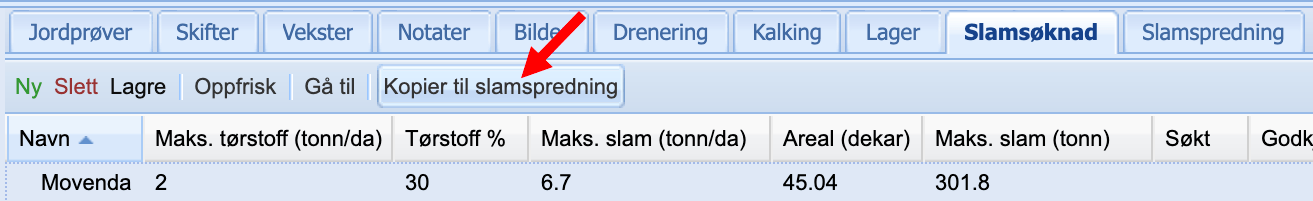 Knapp for å kopiere en slamsøknad til slamspredning