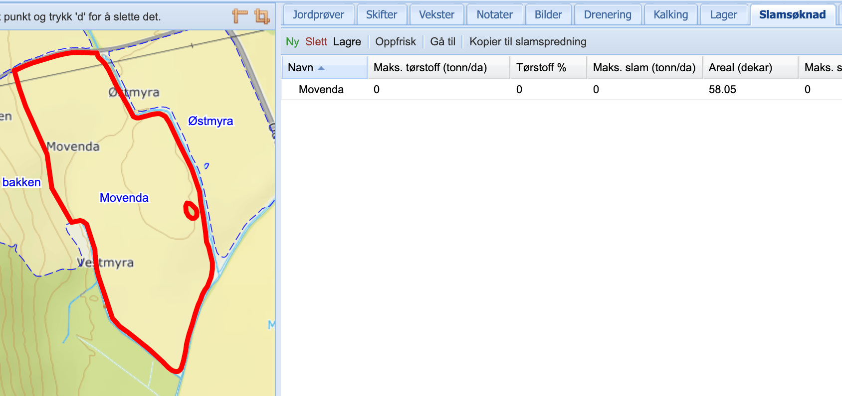 Slamsøknaden har et areal i kartet, og informasjon i tabellen