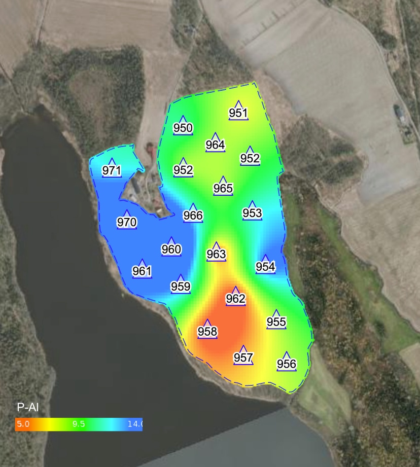 Interpolerte P-Al verdier fra jordprøver viser stor variasjon på et jorde